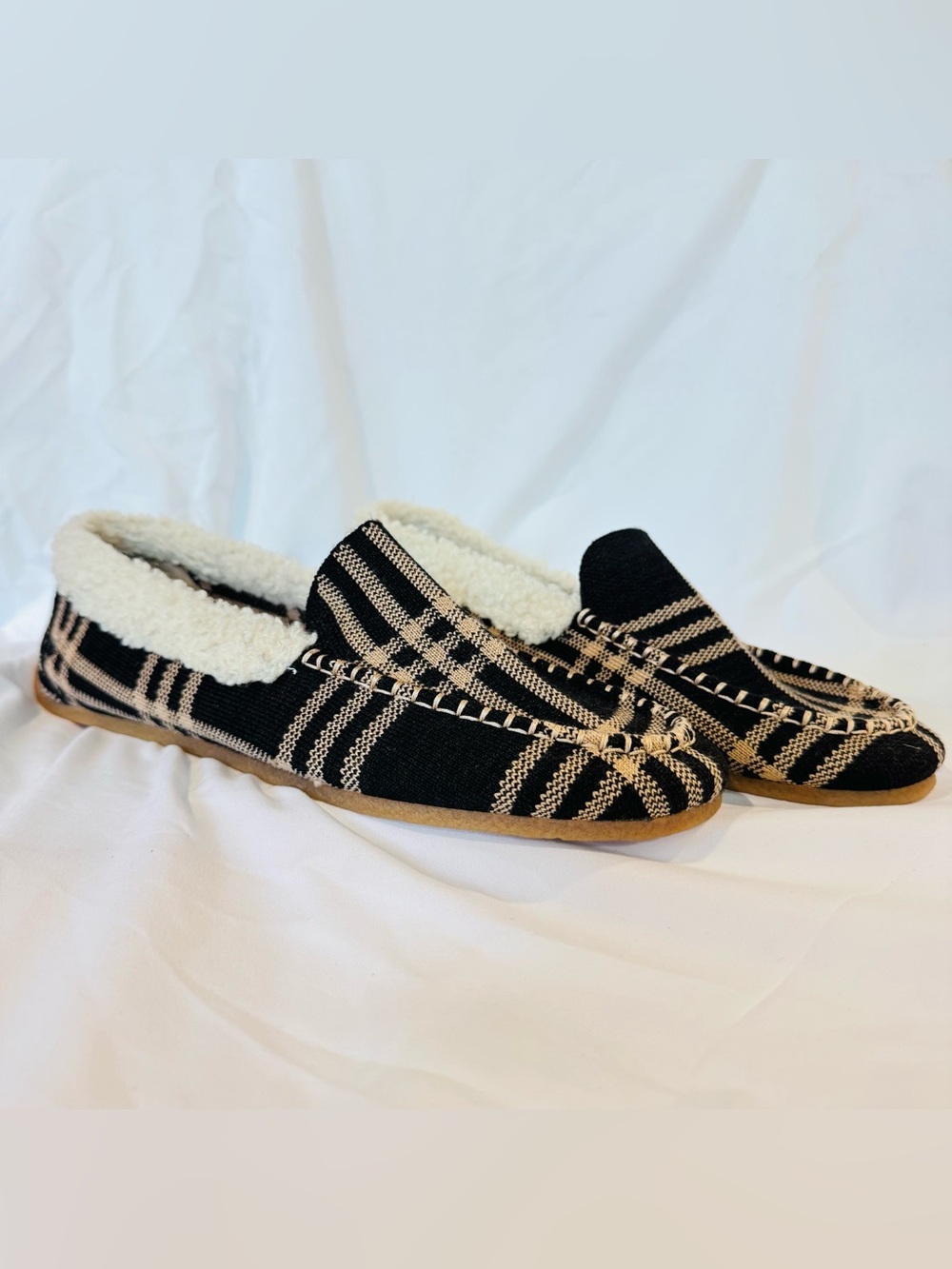 Rothy’s The Slipper Camel Plaid Slippers Sherpa Lined Slip-On Women’s Size 9
